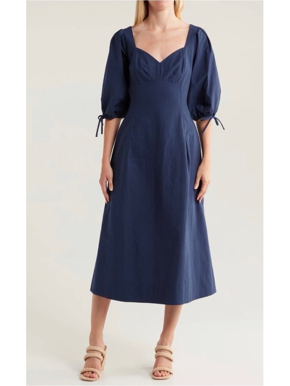 Mila Mae Puff Sleeve Cinched Waist Fit Flare Midi Dress Navy, size Small